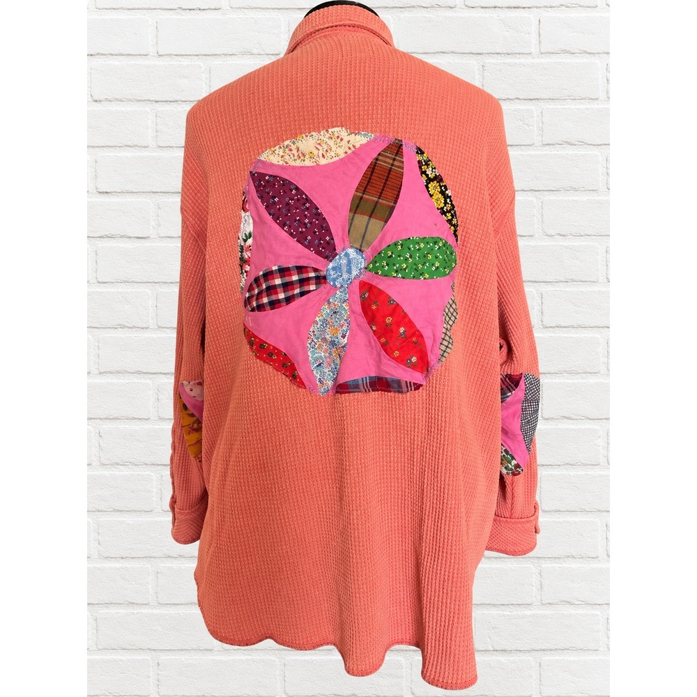 Upcycled Aerie Waffle Knit Vintage Quilt patchwork Button Down Shirt Orange XL